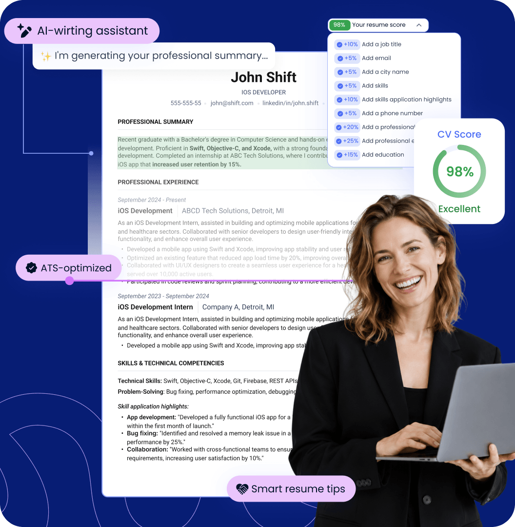 Shift CV builder with an ATS-optimized resume preview and CV score