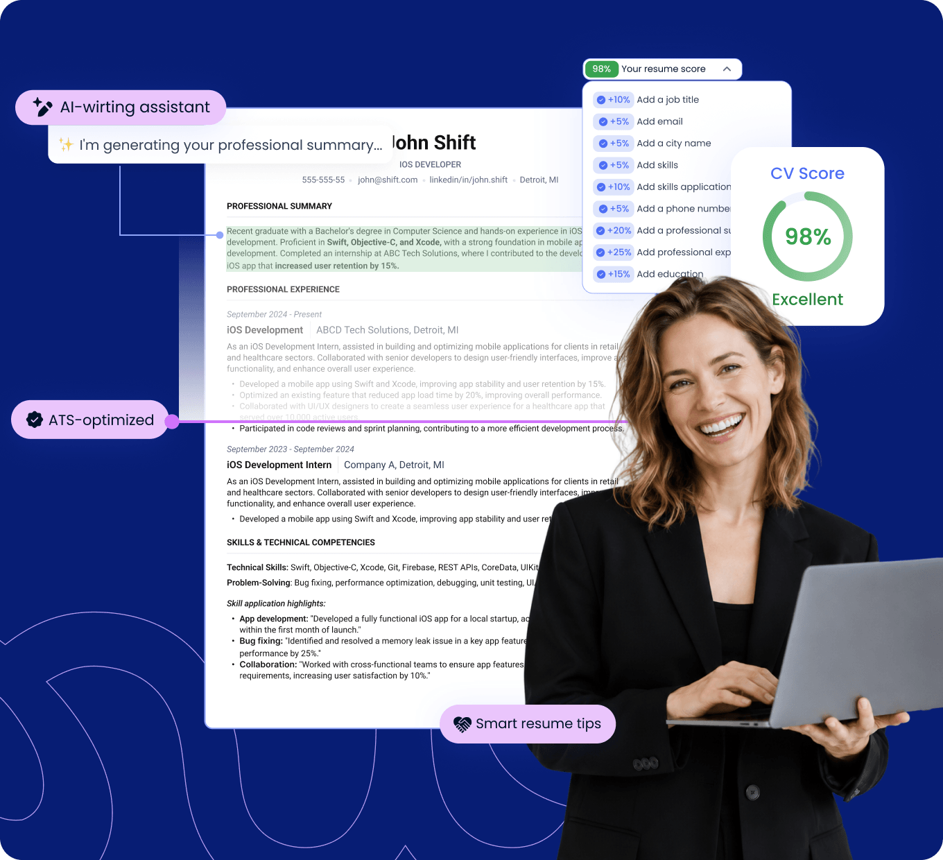 Shift CV builder with an ATS-optimized resume preview and CV score