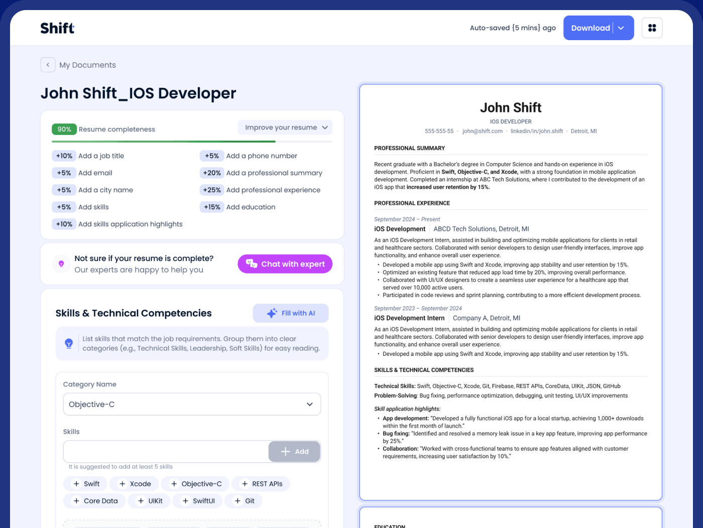 Shift CV builder editor with live preview